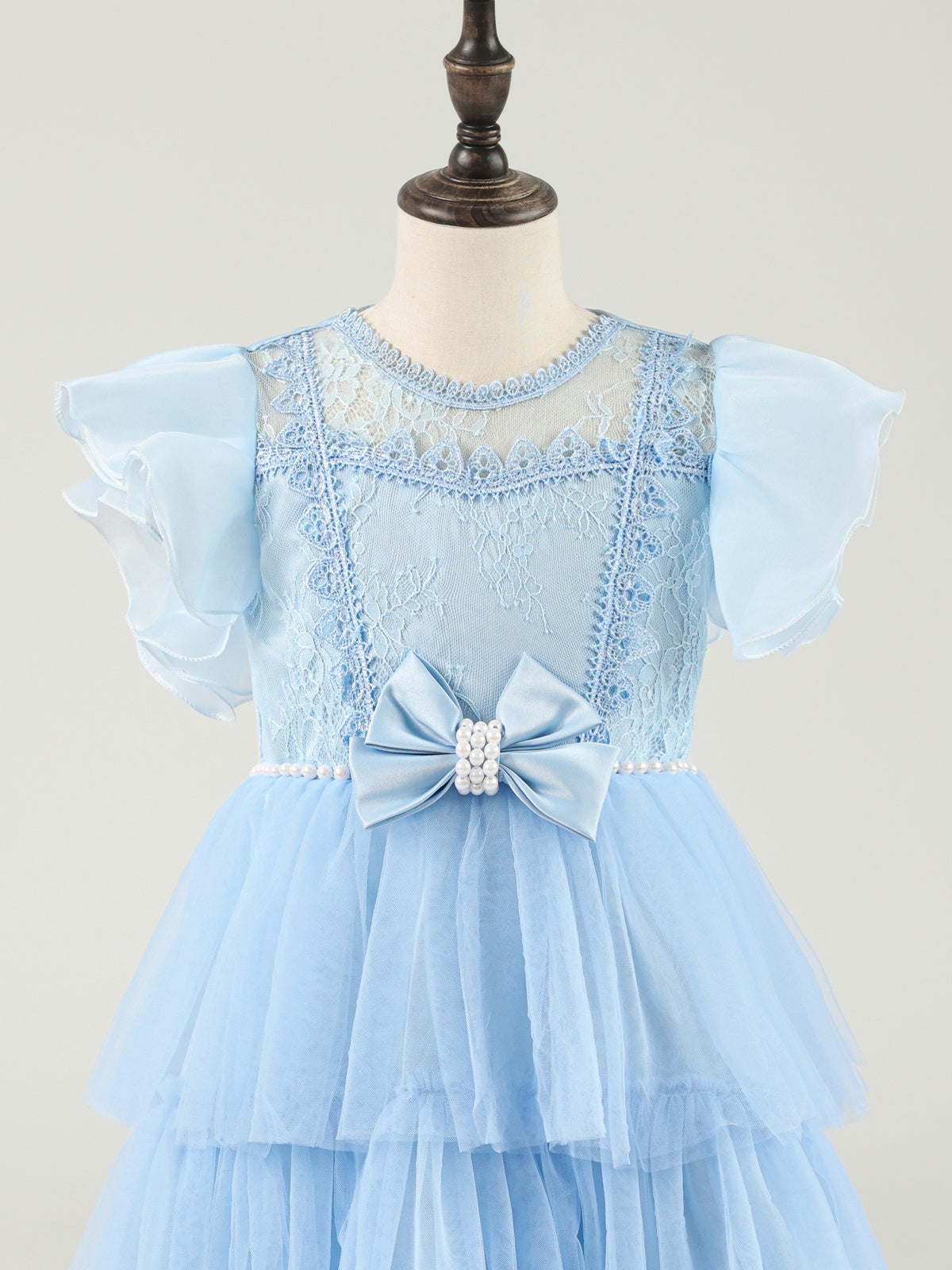 Light Blue Lace Flower Girls Dresses A-line Tiered Tulle with Pearl Sweet Bow