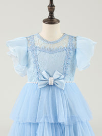 Light Blue Lace Flower Girls Dresses A-line Tiered Tulle with Pearl Sweet Bow