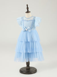 Light Blue Lace Flower Girls Dresses A-line Tiered Tulle with Pearl Sweet Bow