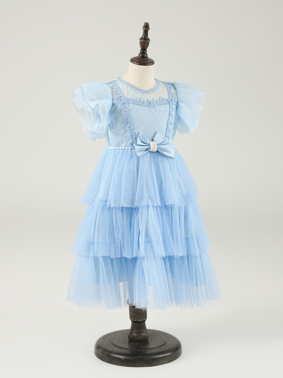 Light Blue Lace Flower Girls Dresses A-line Tiered Tulle with Pearl Sweet Bow