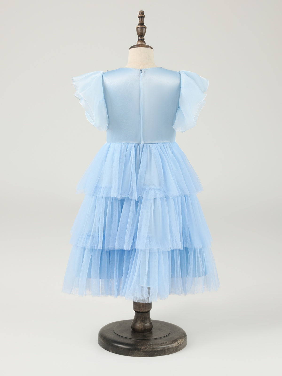 Light Blue Lace Flower Girls Dresses A-line Tiered Tulle with Pearl Sweet Bow