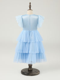 Light Blue Lace Flower Girls Dresses A-line Tiered Tulle with Pearl Sweet Bow