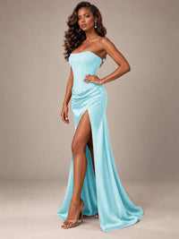 Burgundy Strapless Sparkly Corset Prom Dress with High Slit