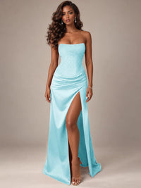 Burgundy Strapless Sparkly Corset Prom Dress with High Slit