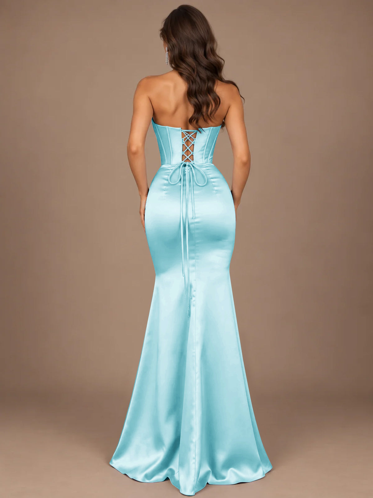 Dusty Blue Strapless Lace Corset Prom Dress with High Slit