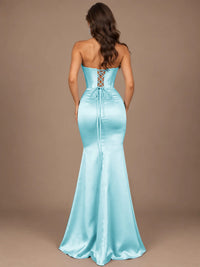 Dusty Blue Strapless Lace Corset Prom Dress with High Slit