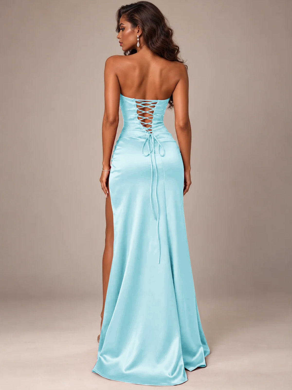 Burgundy Strapless Sparkly Corset Prom Dress with High Slit