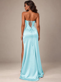 Burgundy Strapless Sparkly Corset Prom Dress with High Slit