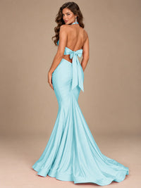 Pink Halter Deep V-Neck Ruched Mermaid Prom Dress