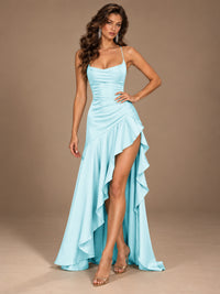 Burgundy Spaghetti Strap Ruched Prom Dress with Ruffled High Slit
