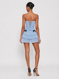 back view of Jovellee light blue polka dot fit and flare mini dress