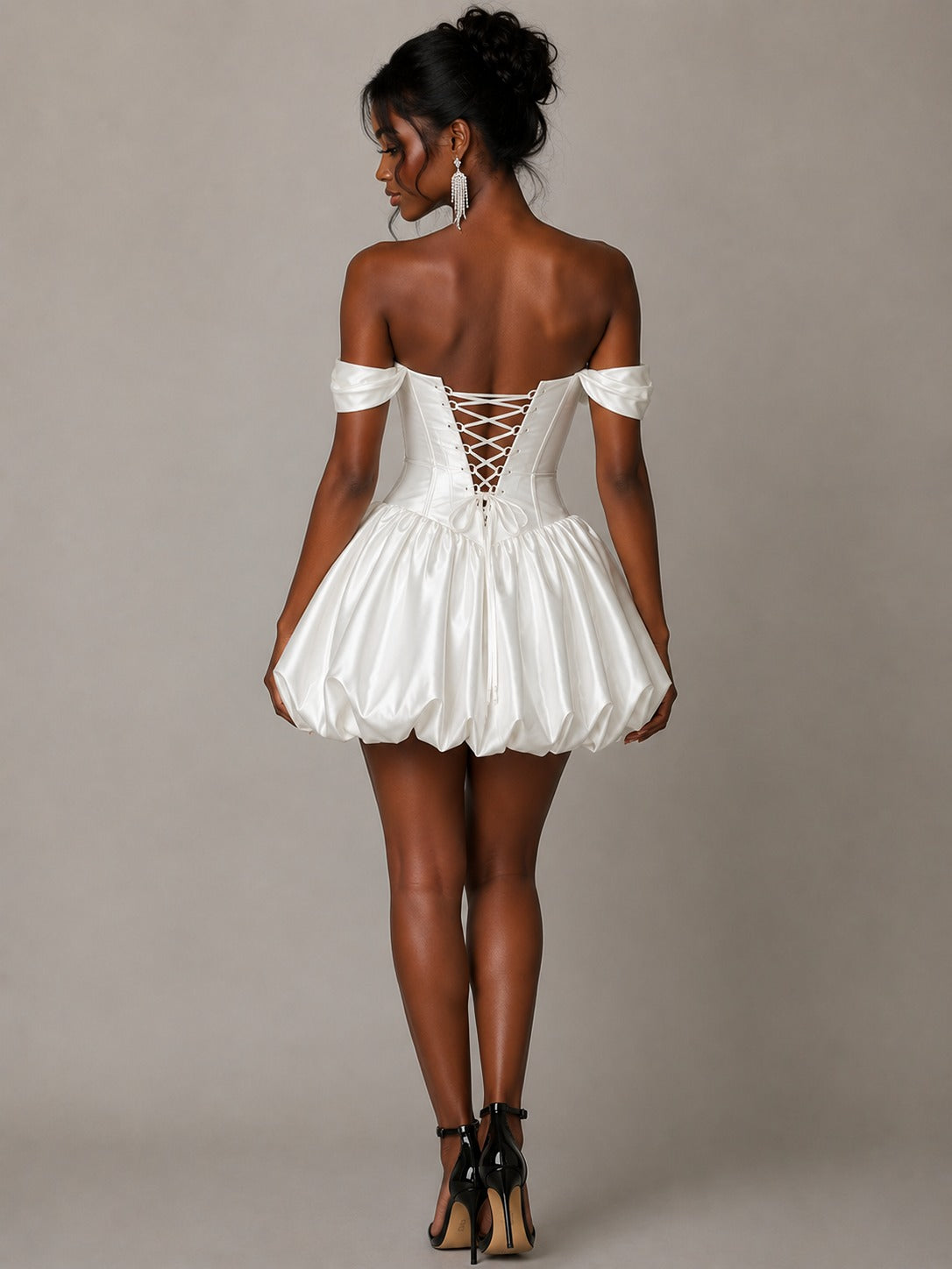 back view of Jovellee white satin corset mini dress