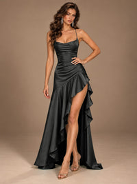 Burgundy Spaghetti Strap Ruched Prom Dress with Ruffled High Slit