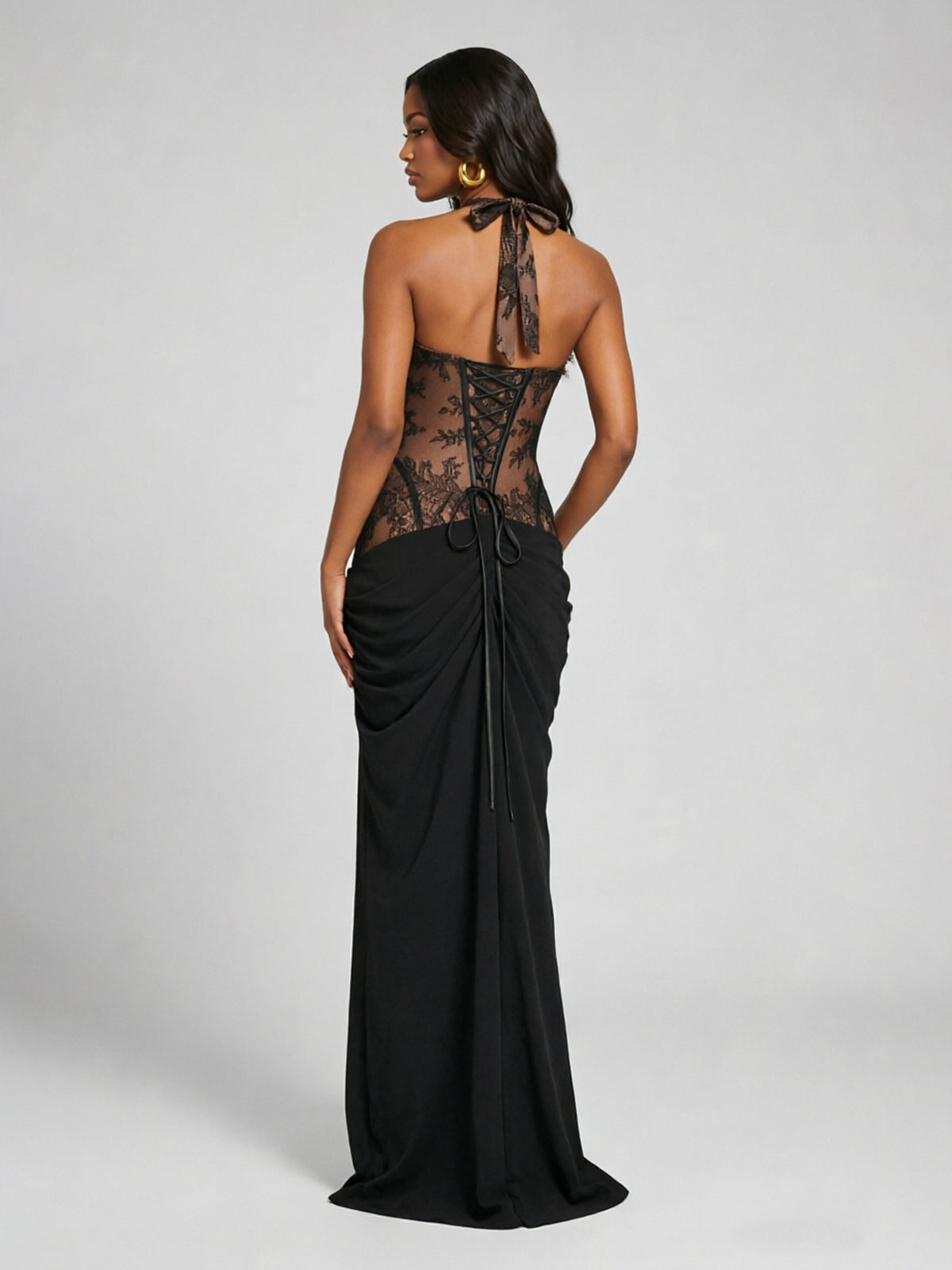 Sweetheart Halter Prom Dress Pleated Lace Floral Formal Dress with Slit