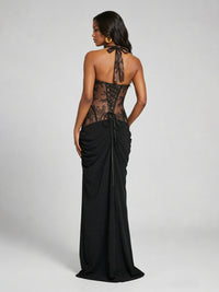 Sweetheart Halter Prom Dress Pleated Lace Floral Formal Dress with Slit
