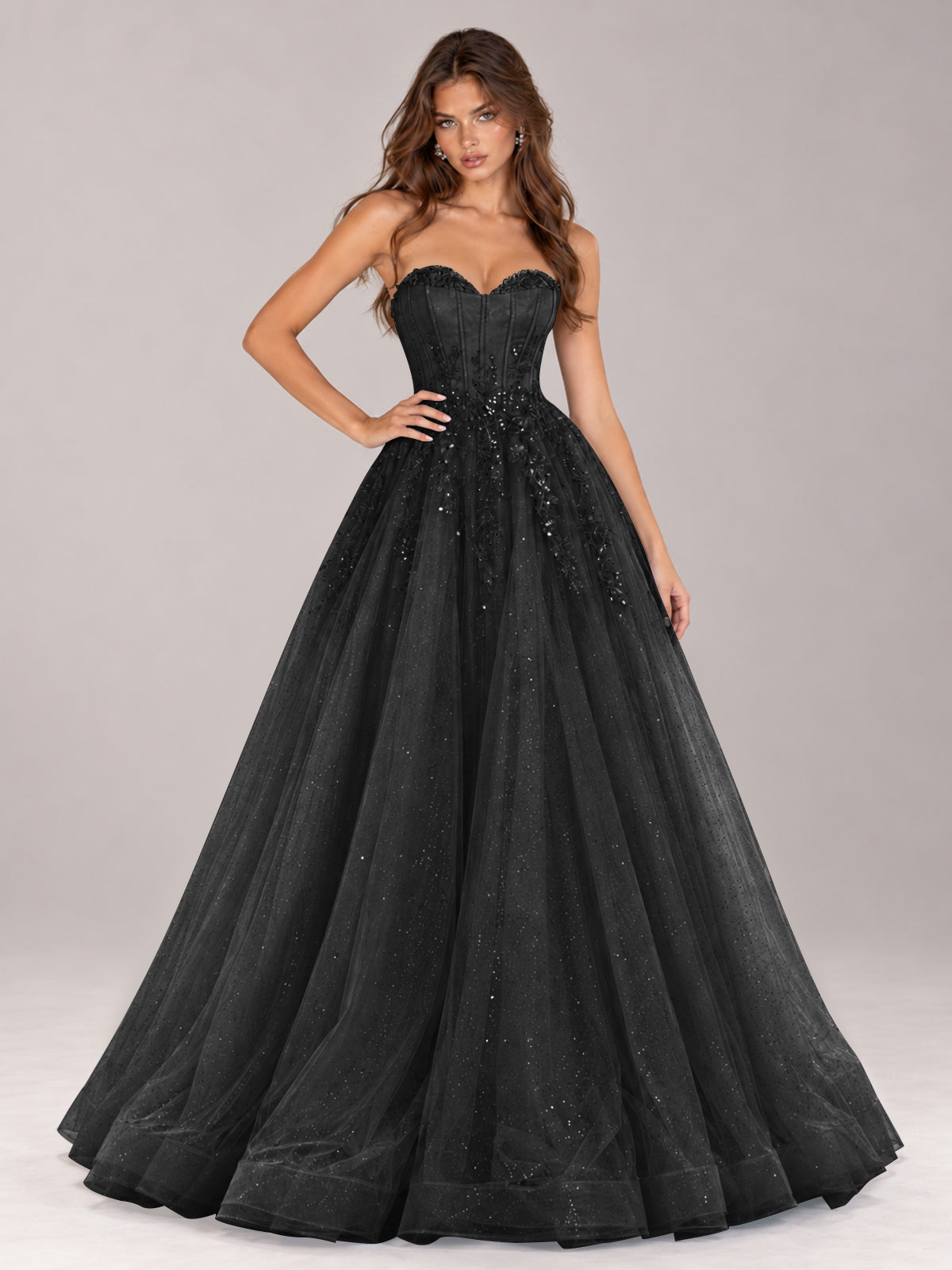 Strapless Sweetheart Beaded Corset Glitter Tulle Ball Gown Prom Dress