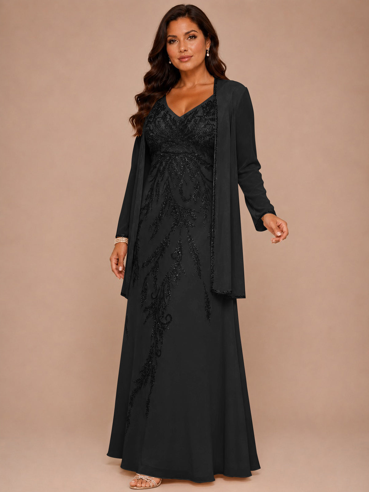 Champagne Beaded Chiffon Mother of the Bride Dress with Jacket V-Neck Gown