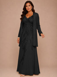 Champagne Beaded Chiffon Mother of the Bride Dress with Jacket V-Neck Gown
