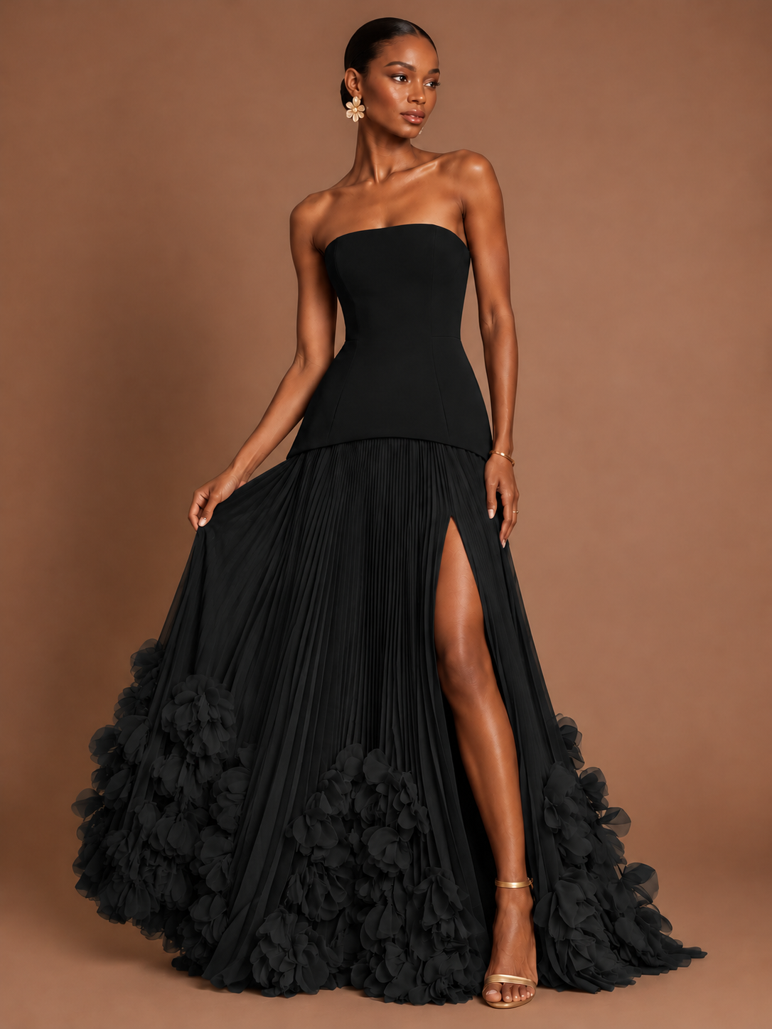 Strapless Pleated Floral Satin Formal Dress with Side Slit