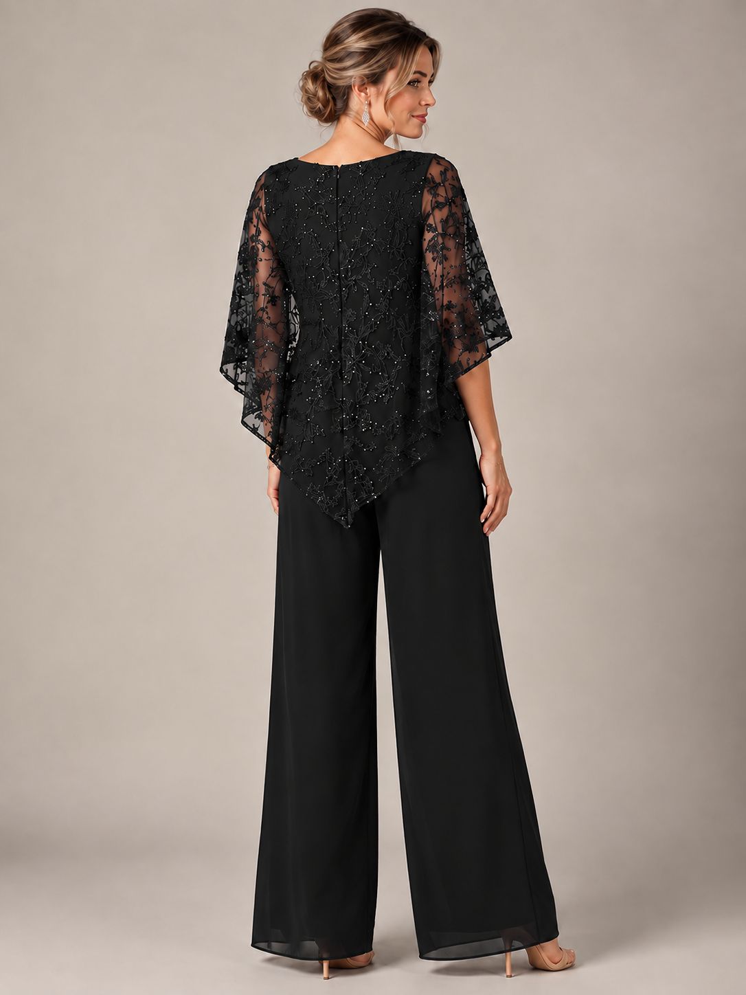 3/4 Sleeve Sequin Chiffon Jumpsuit with Cape