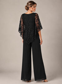 3/4 Sleeve Sequin Chiffon Jumpsuit with Cape