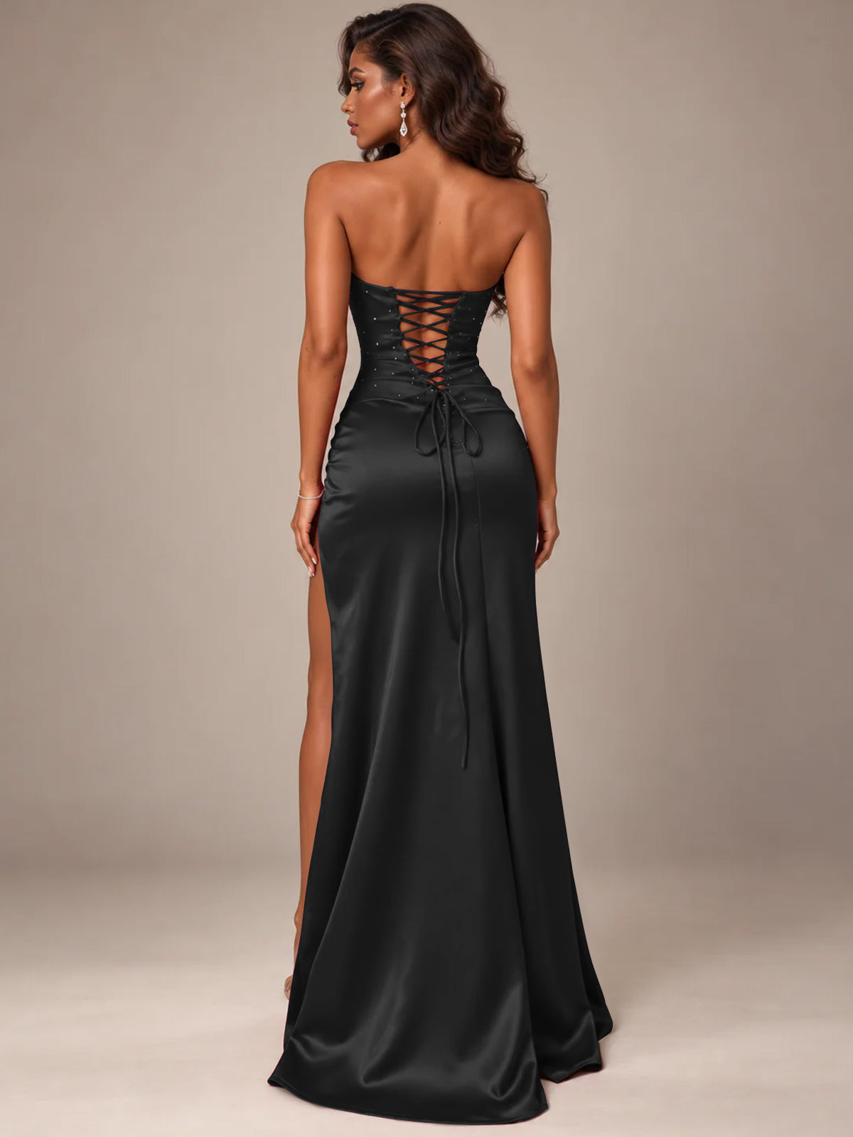 Burgundy Strapless Sparkly Corset Prom Dress with High Slit