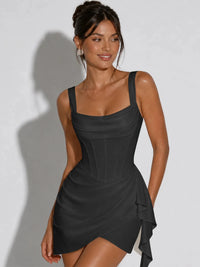 Square Neck Corset Homecoming Dress with Ruched Ruffle