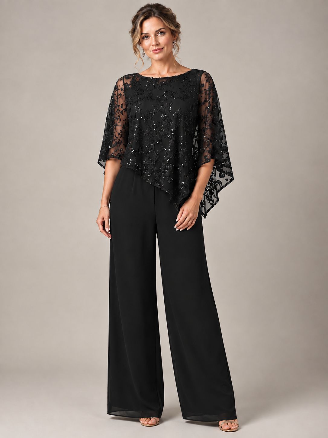 3/4 Sleeve Sequin Chiffon Jumpsuit with Cape
