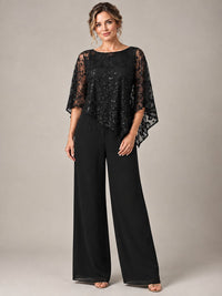3/4 Sleeve Sequin Chiffon Jumpsuit with Cape
