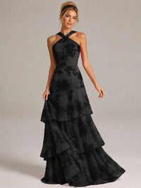 Tiered Ruffles Halter Floral Applique Prom Dress