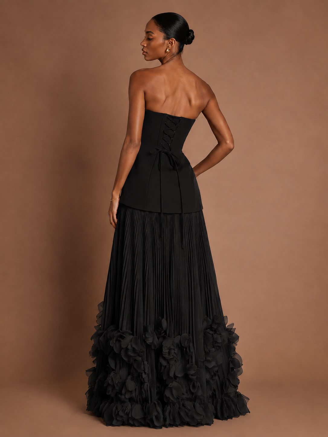 Strapless Pleated Floral Satin Formal Dress with Side Slit