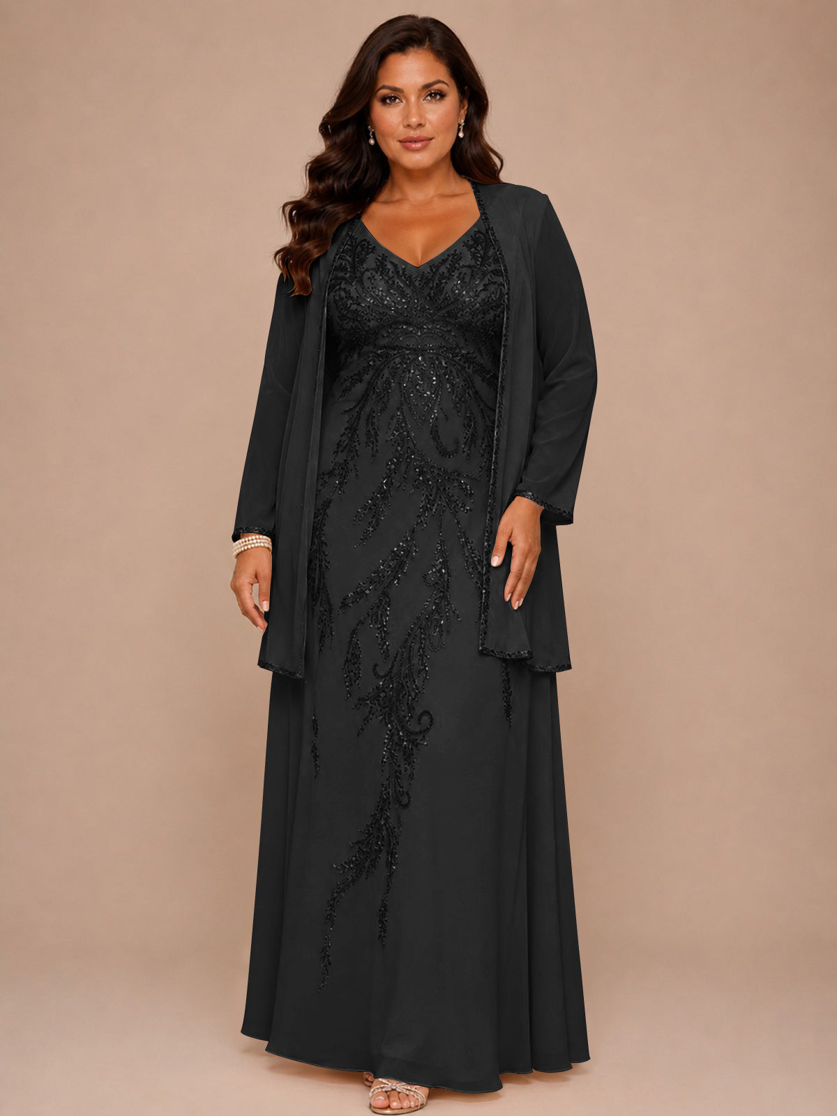 Champagne Beaded Chiffon Mother of the Bride Dress with Jacket V-Neck Gown