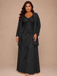 Champagne Beaded Chiffon Mother of the Bride Dress with Jacket V-Neck Gown