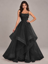 Lace Corset Ball Gown Prom Dress with Cascading Tulle Ruffles