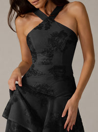 Tiered Ruffles Halter Floral Applique Prom Dress