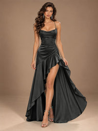 Burgundy Spaghetti Strap Ruched Prom Dress with Ruffled High Slit