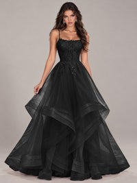 Lace Corset Ball Gown Prom Dress with Cascading Tulle Ruffles