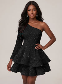 Black One Shouler Sequin Homecoming Dress with Long Sleeve Sparkly Puffy Tiered Mini Prom Dress Cocktail Party Gown