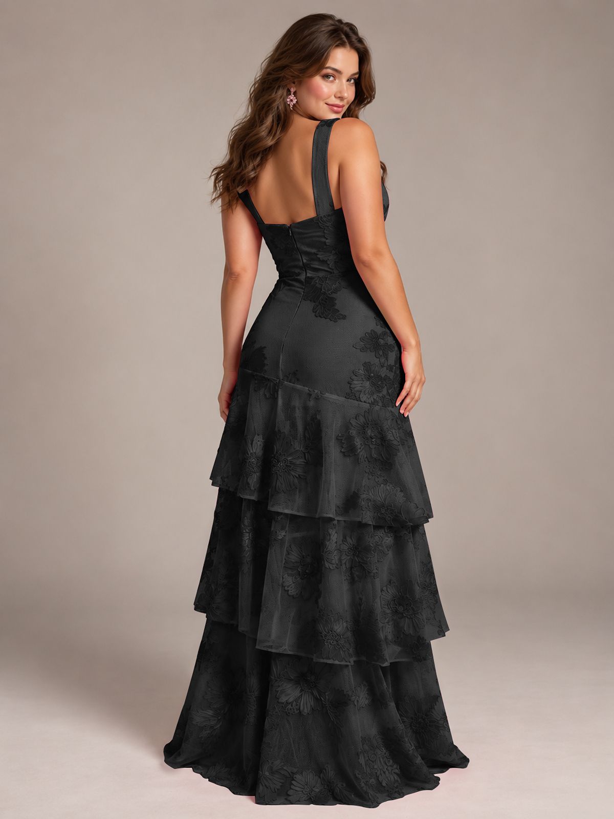 Tiered Ruffles Halter Floral Applique Prom Dress