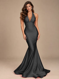 Pink Halter Deep V-Neck Ruched Mermaid Prom Dress