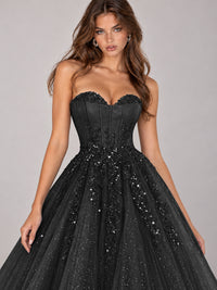Strapless Sweetheart Beaded Corset Glitter Tulle Ball Gown Prom Dress