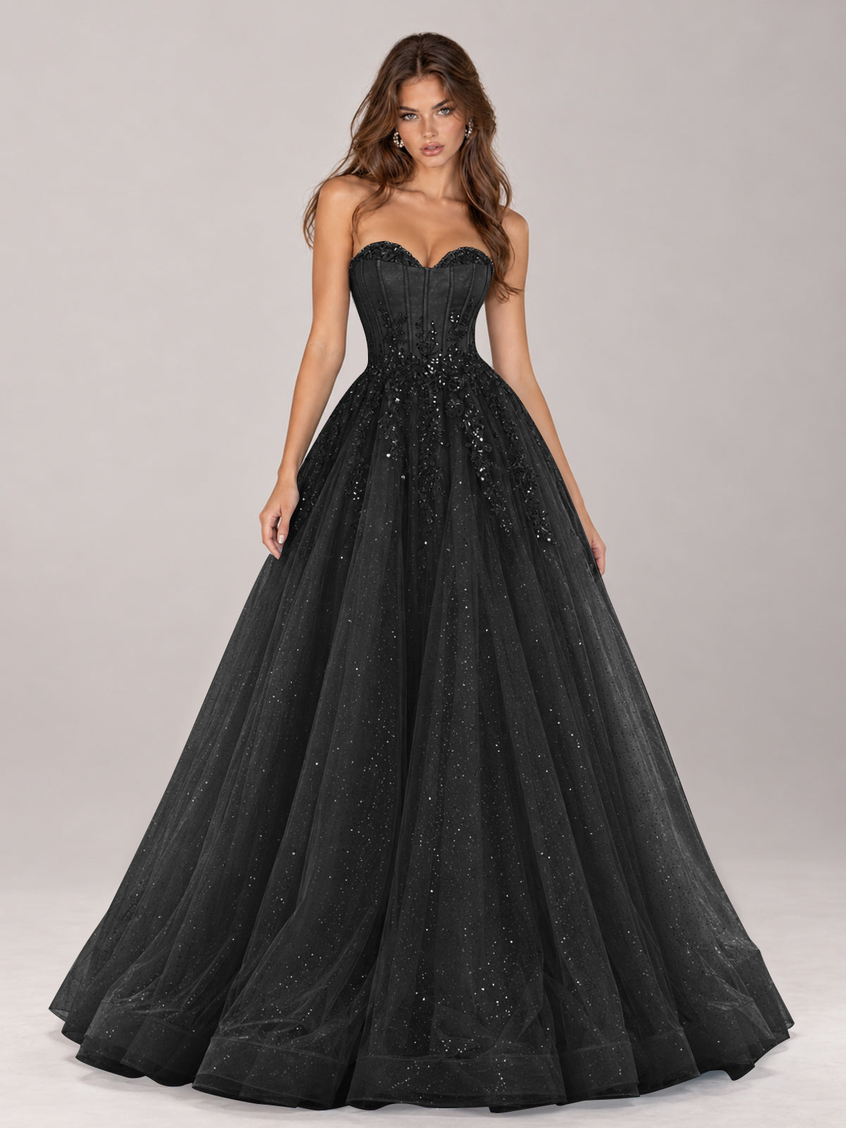 Strapless Sweetheart Beaded Corset Glitter Tulle Ball Gown Prom Dress