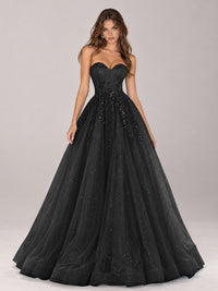 Strapless Sweetheart Beaded Corset Glitter Tulle Ball Gown Prom Dress