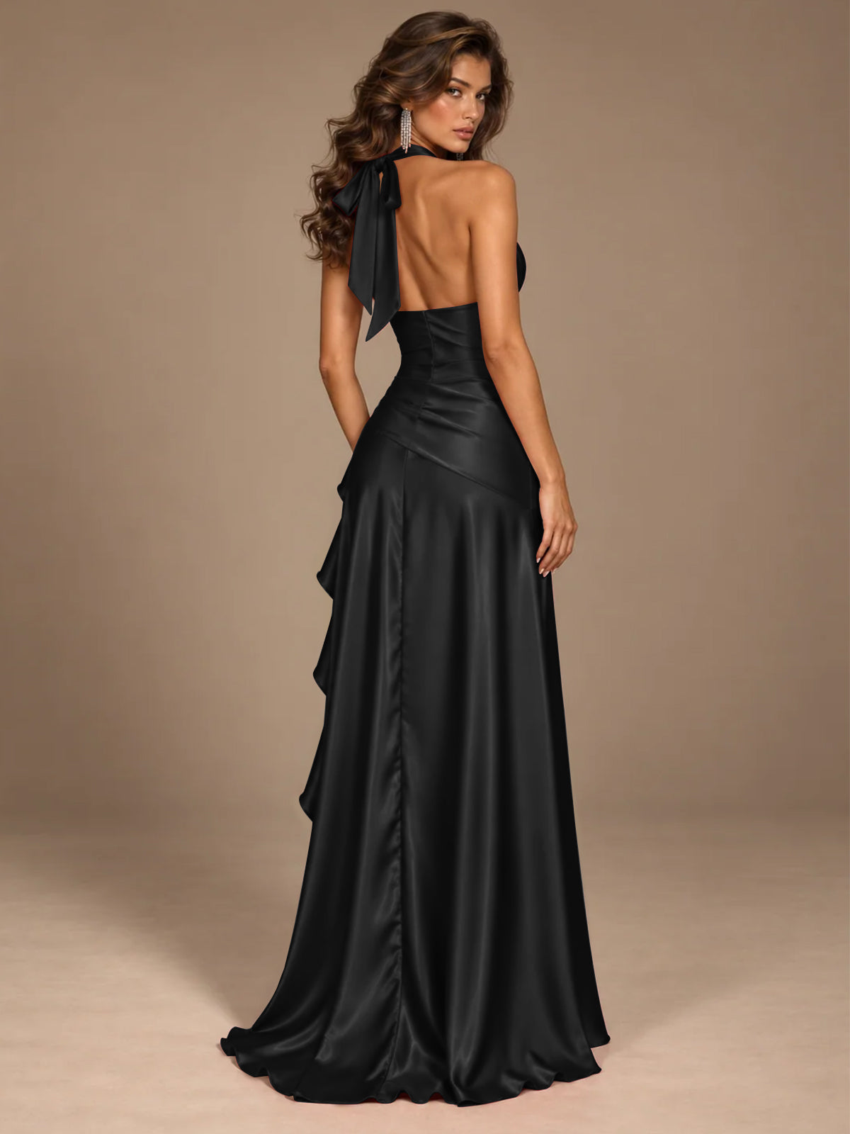 Burgundy Halter Deep V-Neck Ruched High Slit Ruffle Prom Dress