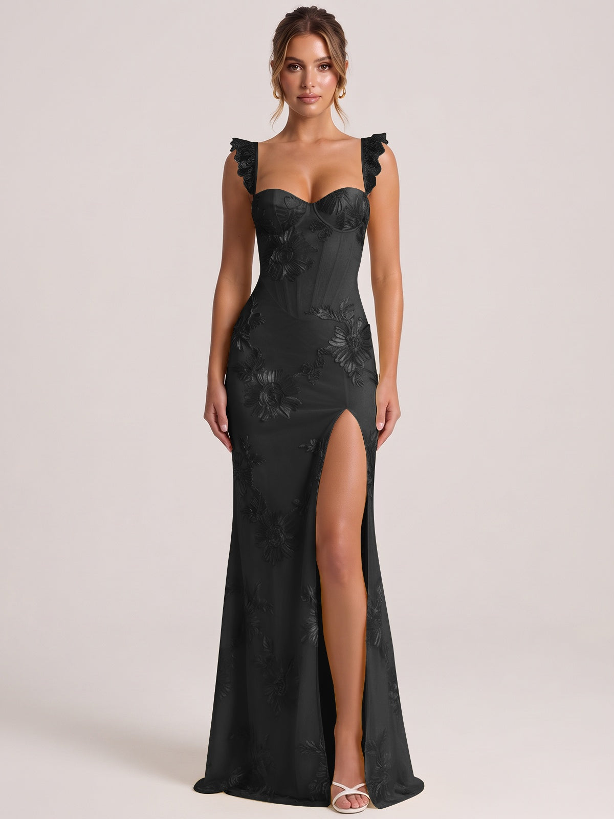 Black Sweetheart Floral Applique Corset Mermaid Prom Dress with High Slit Long Formal Evening Gown