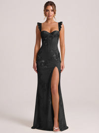 Black Sweetheart Floral Applique Corset Mermaid Prom Dress with High Slit Long Formal Evening Gown