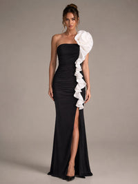 Black Ruched Strapless Maxi Dress with White Floral Ruffle