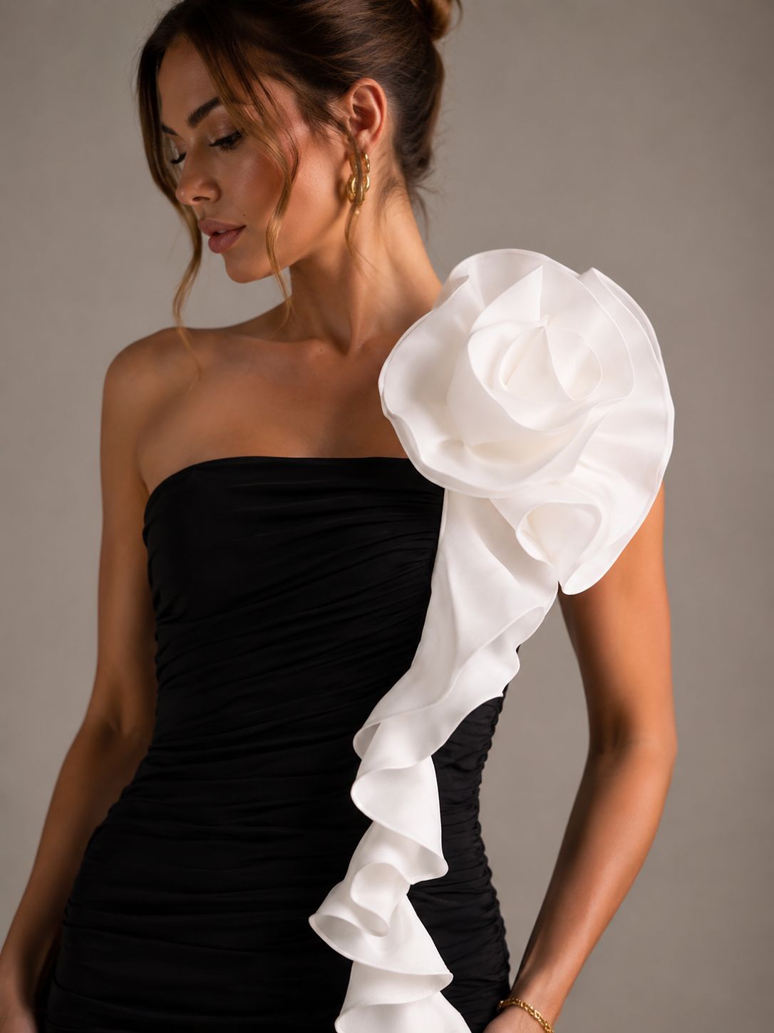 Black Ruched Strapless Maxi Dress with White Floral Ruffle