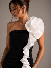Black Ruched Strapless Maxi Dress with White Floral Ruffle