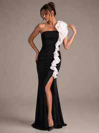 Black Ruched Strapless Maxi Dress with White Floral Ruffle